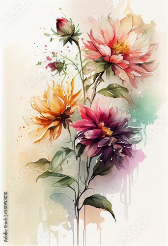 Watercolor floral. Bouquet of flowers watercolors. bouquet of flowers painted with acrylic paint. Poster with flowers. Postcard and cover card made of multicolored watercolor paints. ai generative