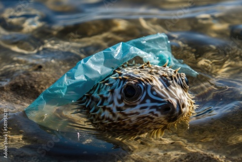 Washing up in a plastic bag was puffer fish. Ocean plastic contamination is a serious environmental issue. Generative AI