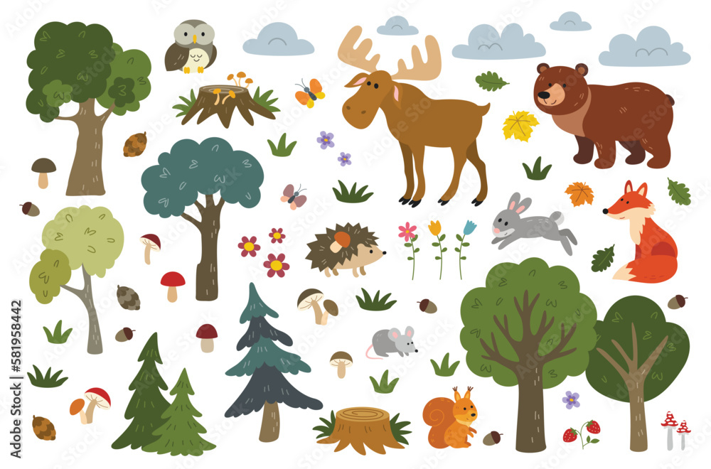 Fototapeta premium Set of Wild forest animals. Sticker with woodland wild animals, green trees, berries and plants. Bear, fox, mouse, deer, squirrel, owl, hare, hedgehog. Cartoon flat vector collection isolated on white