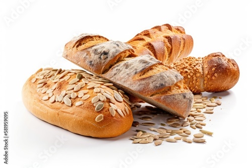 Whole grain wheat baguette bread with floating flax, sunflower, and pumpkin seeds, freshly cooked and isolated on a white backdrop. wholesome pastries. Generative AI