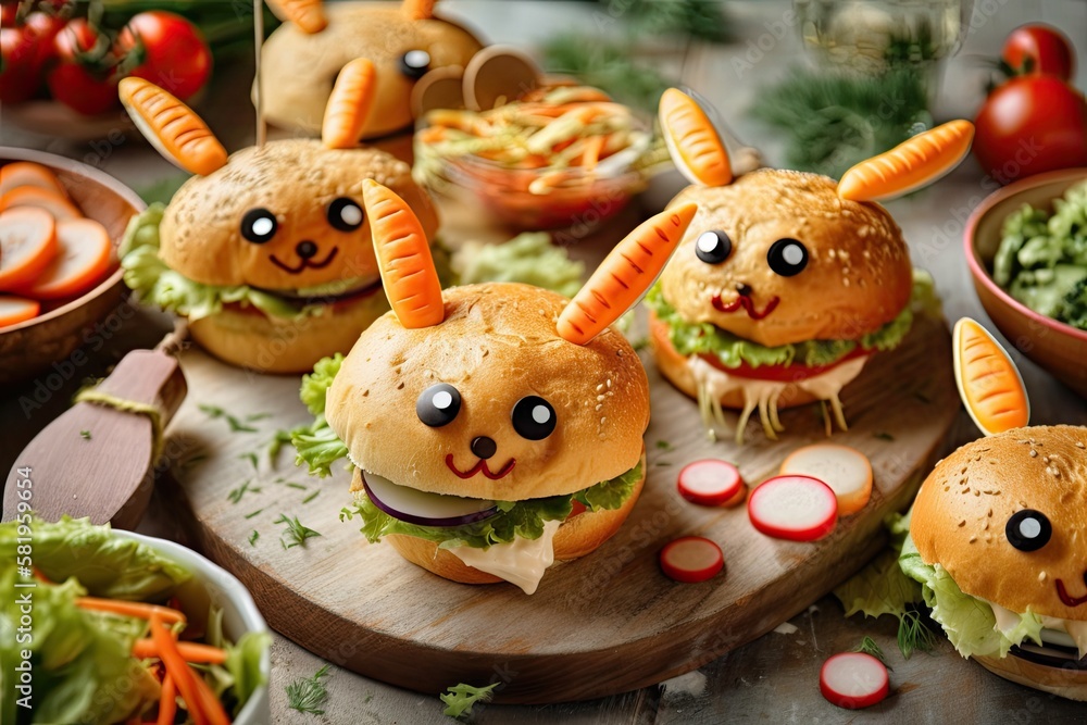 Fresh cooked rabbit burgers that are delectable for an Easter kids' party. Burgers that are imaginatively shaped like bunnies, with amusing bunny ears and muzzles, and have Easter themed copy space