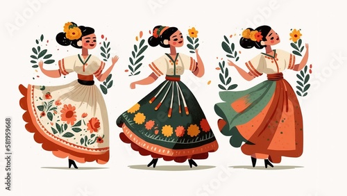 Flat design illustration of Mexican woman dancing with traditional folkloric costumes. White background banner. Generative AI illustration
