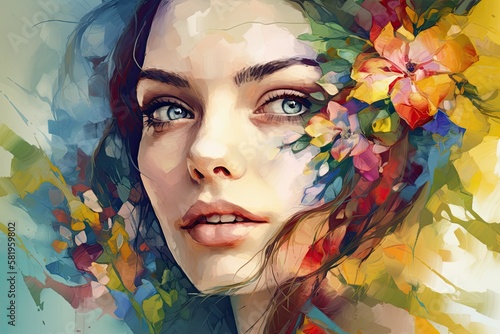 oil painting with abstract color and a person portrait. today's art, A young model is portrayed in a beauty portrait. Fashion illustration painting of a woman's face with a vibrant floral pattern © AkuAku