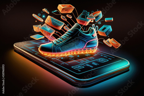 Illustration of a shoe, simulating Futuristic online clothes shopping technology digital payment from mobile phone. Concept of e-commerce sales. Generative AI.