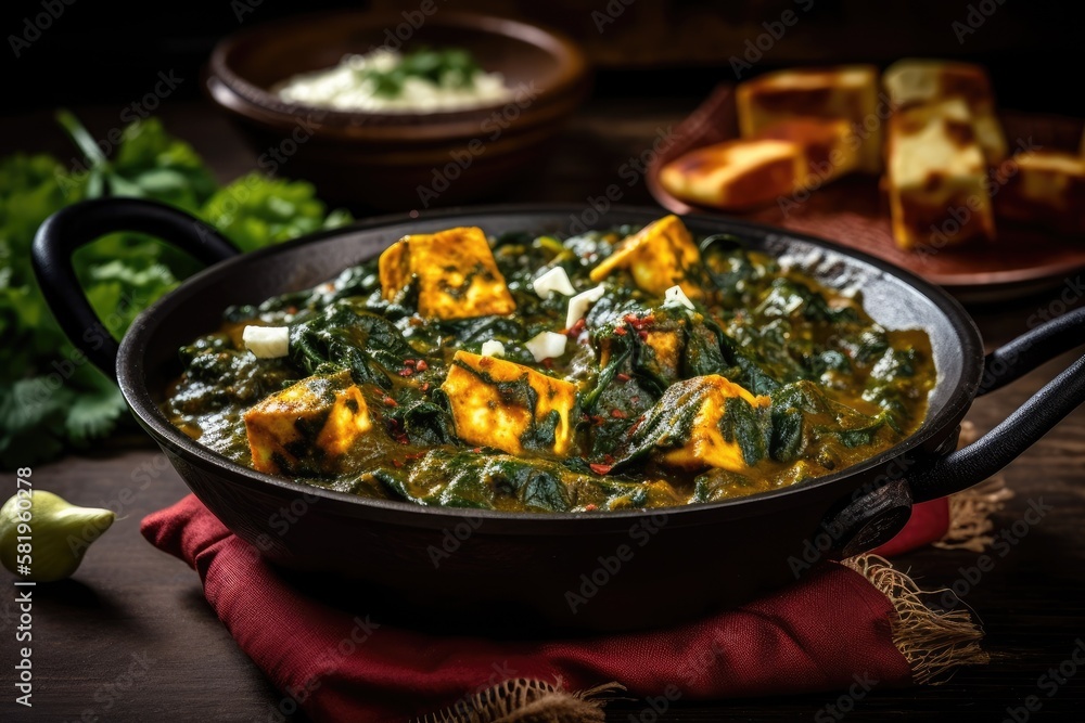 Served in a Karahi with Roti or Chapati with a gloomy backdrop, the popular Indian dish Palak Paneer Curry is created with spinach and cottage cheese. discerning concentration. Generative AI Served in a Karahi with Roti or Chapati with a gloomy backdrop, the popular Indian dish Palak Paneer Curry is created with spinach and cottage cheese. discerning concentration. Generative AI