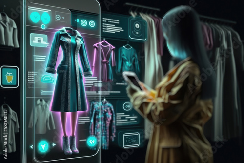 Illustration of woman buying clothes online with futuristic mobile technology payment. Generative AI.