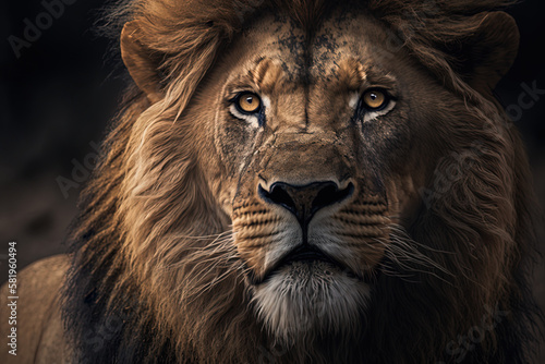 Generative AI. Portrait of a male lion with dark mane, closeup.