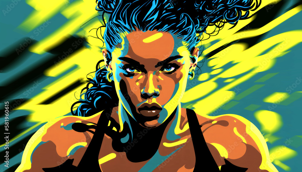 Pop art style close portrait of beautiful young Afro-American woman running. Radial blurred background. Clipping (working) path included. Generative AI Pop art style close portrait of beautiful young Afro-American woman running. Radial blurred background. Clipping (working) path included. Generative AI