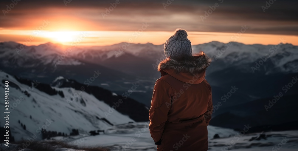 Person on the top of mountain enjoying the view of a beautiful sunset.  Image created with generative ai