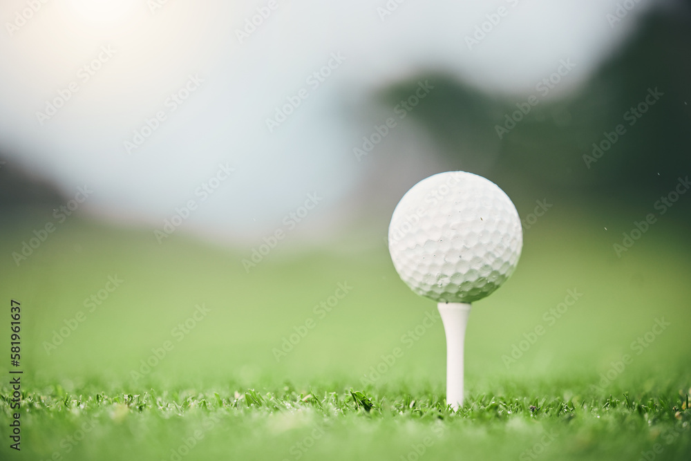 Sports, golf ball and tee on course in club for competition match, tournament and training. Target, challenge and games with equipment on grass field for practice, recreation hobby and practice Sports, golf ball and tee on course in club for competition match, tournament and training. Target, challenge and games with equipment on grass field for practice, recreation hobby and practice