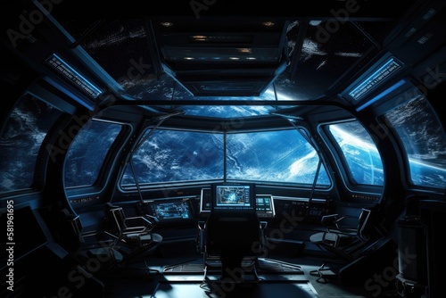 NASA provided the future inside of a dark blue spaceship with a window view of Earth. Generative AI