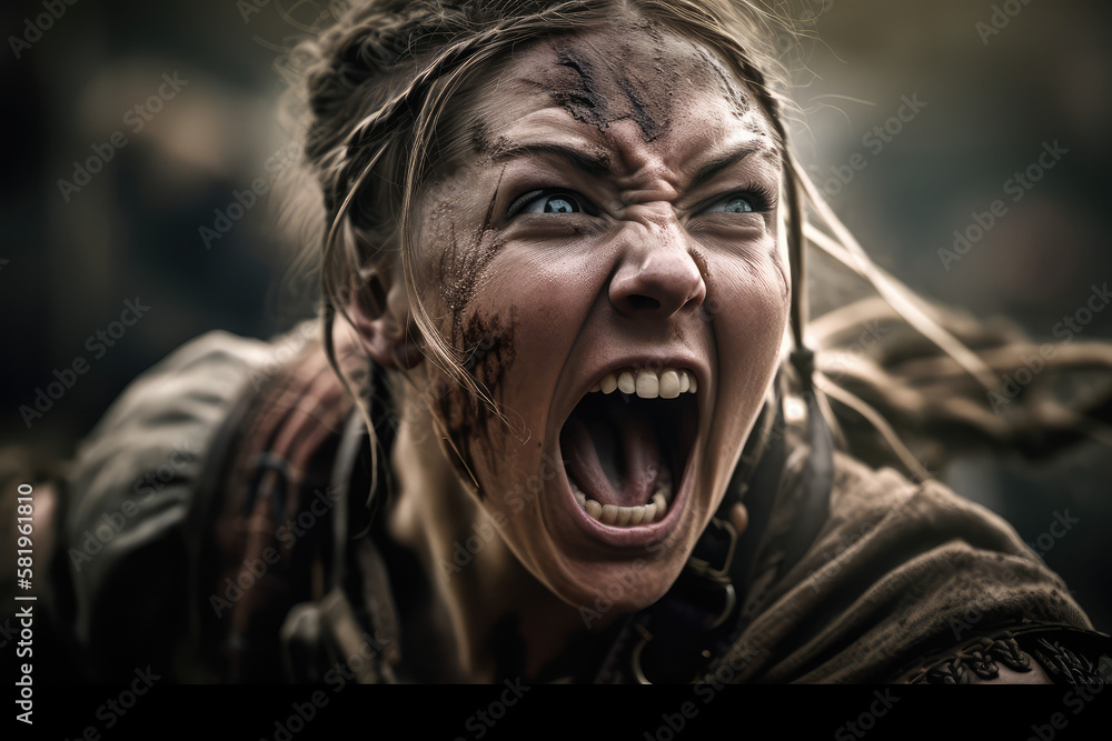 A fictional person, The Fierce Warrior: A Screaming Female Viking in Battle, Generative AI