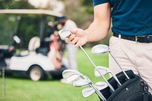 Golf, choose club and hands of man with bag on course ready to start game, practice and training for competition. Professional golfer, golfing and male caddy for exercise, fitness and recreation