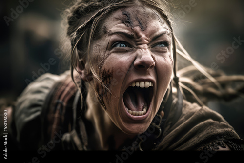 A fictional person, The Fierce Warrior: A Screaming Female Viking in Battle, Generative AI