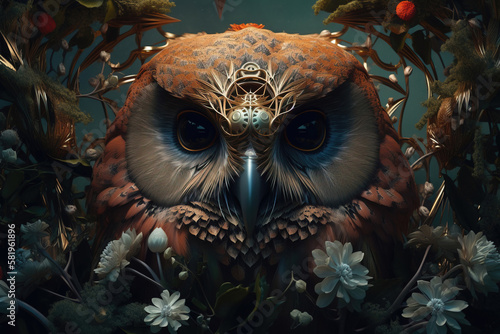 Stylized ornate owl, tree, flowers, carving. generative AI