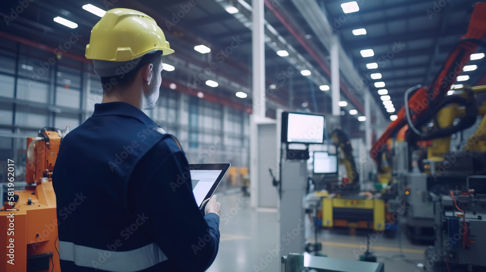 Obraz premium Engineer in a modern factory. Industry 4.0 machine maintenance. generative AI