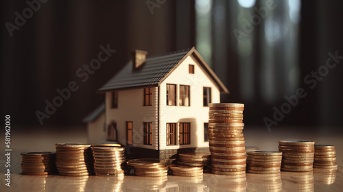 House mortgage, with golden stacks of coins. generative AI