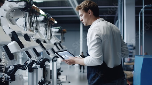 Engineer in a modern factory. Industry 4.0 machine maintenance. generative AI