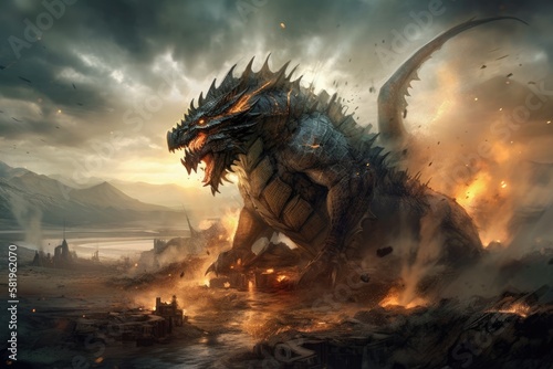 Illustration of a dragon in combat. Generative AI