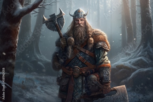 Illustration of a fantasy warrior dressed as an ancient Viking and standing in a frosty forest with an axe in . Generative AI