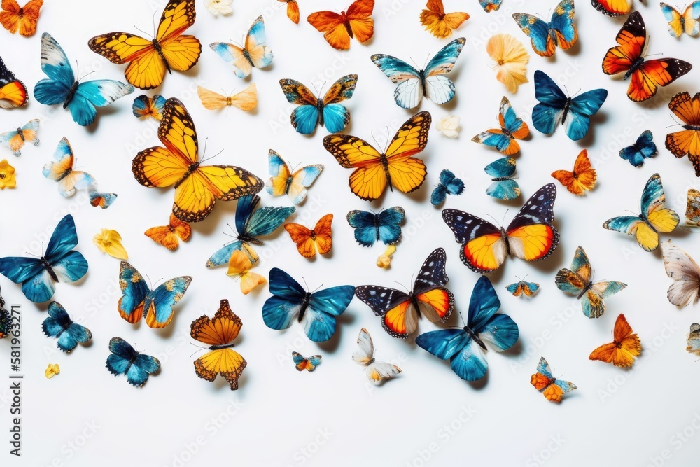 Fototapeta premium Photo of decorative butterflies pattern isolated on white background with copy space. Fresh spring summer beautiful season flat lay and top view, freedom vivid happiness concept banner. Generative AI