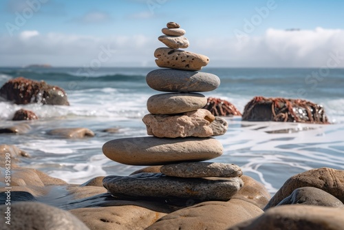 idea of balance and harmony. Set stones in opposition to the ocean. Scales formed from rock zen. Generative AI