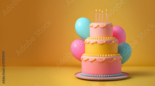 Three-Tiered Birthday Cake With Candles and Copy Space on a Yellow Background With Colorful Balloons: AI Generated Image