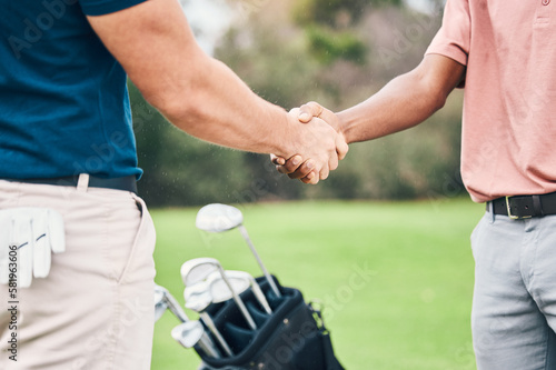 People, handshake and golf sport for partnership, trust or unity in community, collaboration or teamwork on grass field. Team of sporty players shaking hands on golfing course for club, game or match
