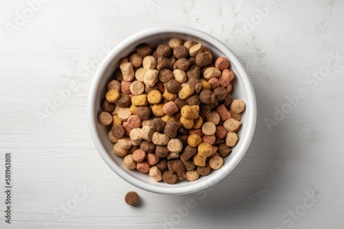 Top view mock up of a bowl filled to the brim with dog food bits and set on a white background. Generative AI
