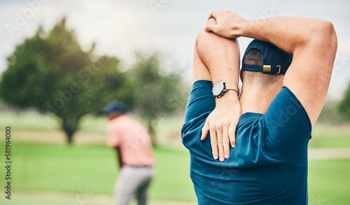 Fotografie Golf, sports and man stretching arms on course for game, practice and training for competition