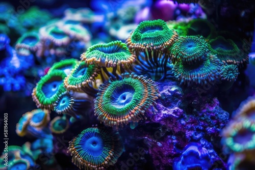 In the reef tank, zoanthid colonies develop from individual frags as the water circulation moves. Generative AI