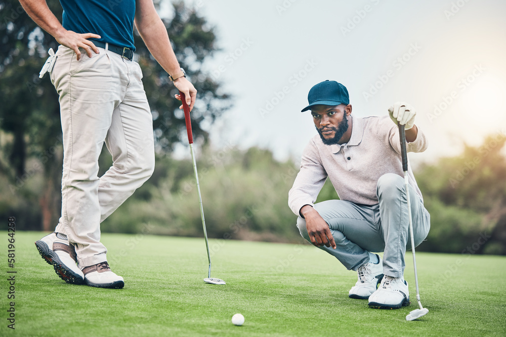 Obraz premium Planning, sports and golf with black man on field for training, competition match and thinking. Games, challenge and tournament with athlete playing on course for exercise, precision and confidence
