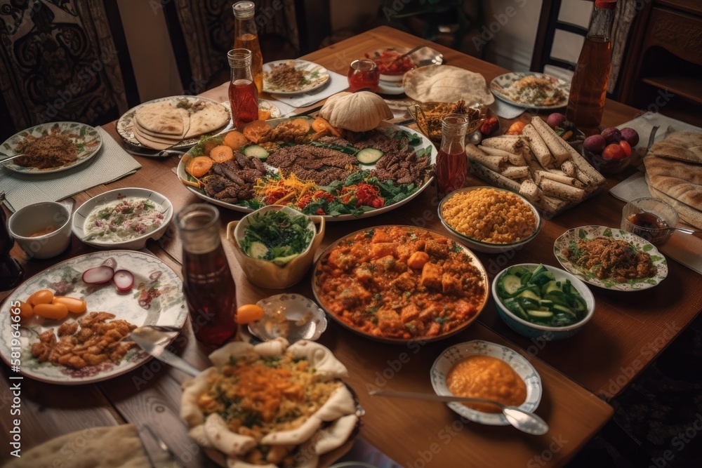 Meze and several types of food were on the table. Local dishes include tepsiye et basma and sini kebab. notion of traditional meals. Generative AI