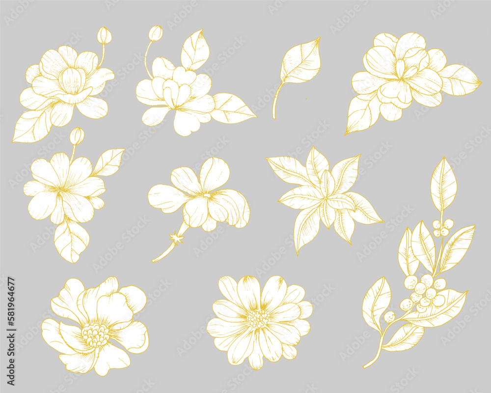 Obraz premium gold hand drawn flower and leaves