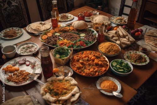 Meze and several types of food were on the table. Local dishes include tepsiye et basma and sini kebab. notion of traditional meals. Generative AI © AkuAku