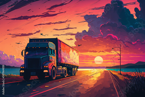 Colorful illustration of a delivery truck transporting goods on a busy highway with a beautiful sunset in the background, generative ai