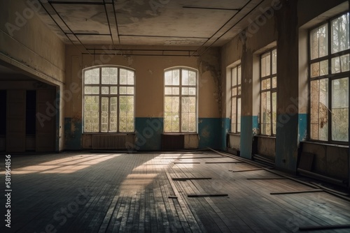 interior of old abandoned Gym for ballet training. An old abandoned ballet studio  an impostor class. abandoned gym of Soviet building of times interior of an old abandoned building. Ballet room