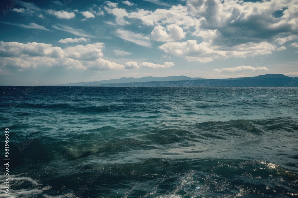 Fototapeta premium View of the sea, ocean, and lovely clouds in the distance. Generative AI