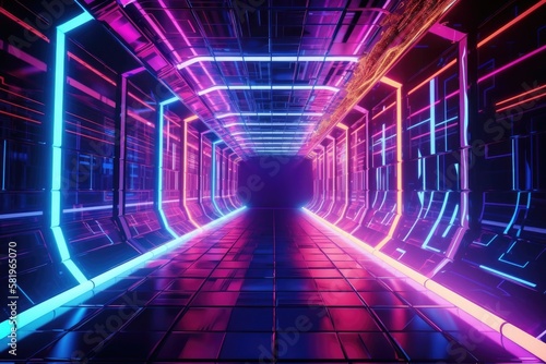 futuristic, cyberpunk style tunnel with neon lighting. Neon neon lights blazing purple and red on a concrete road. Generative AI