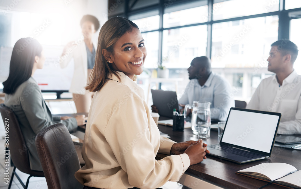 Fototapeta premium Business woman in portrait in office meeting with career mindset for online planning on laptop screen mockup for workshop. Face of professional indian person or employee on computer in job conference