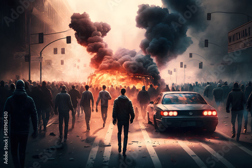 The crowd riots in the street, protests. burning city. Neural network AI generated art photo