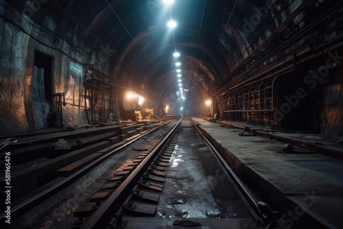 In the railroad tunnel, rails. a subterranean subway system. Generative AI