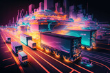 Futuristic depiction of logistics with glowing neon colors in a stylized abstract cityscape, generative ai
