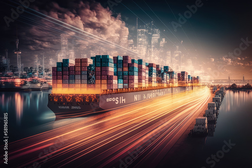 Global Cargo Containers in Motion with Cityscape Background, generative ai