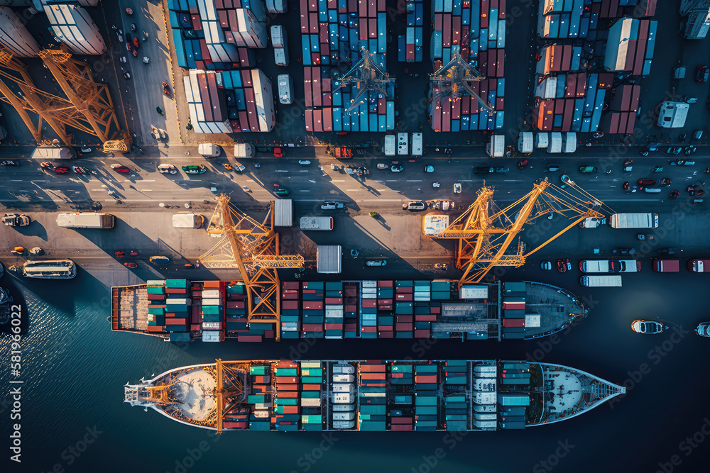 Global Trade Routes aerial view of a busy shipping port with container ships, cranes, and cargo boxes, generative ai - obrazy, fototapety, plakaty 