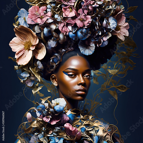 Pretty black woman surrounded by flowers with floral decoration on her face. 