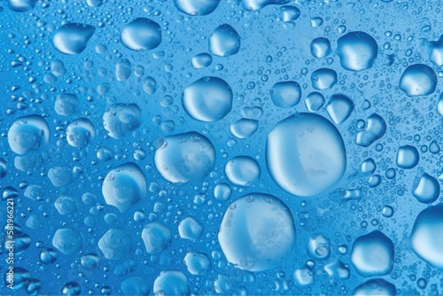 Water drops of various sizes on the mining space's blue background. The appearance of water drops is similar to a close up aerial perspective. Generative AI