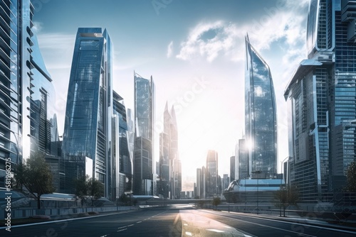Imagine a modern, skyscraper filled capital metropolis with a stunning skyline. Future looking, commercial and residential ideas. Generative AI © AkuAku