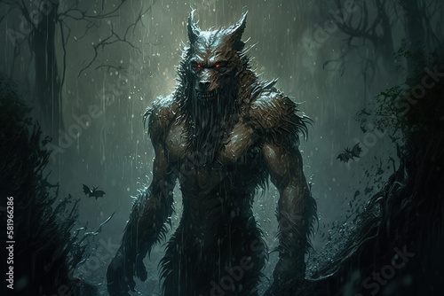 scary werewolf monster at night in forest. Generative AI illustration