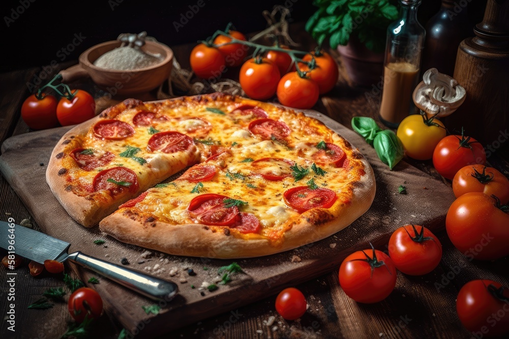 Pizza with cheese and tomatoes close up with components on a wooden background. Generative AI